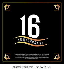 16 year anniversary logo design white golden abstract on black background with golden frame template illustration