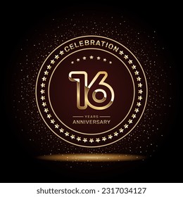 16 year anniversary logo design with double line numbers in gold color, vector template