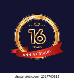 16 year anniversary logo with gold ring and red ribbon, vector template