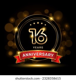 16 year anniversary logo with a gold emblem shape and red ribbon, logo template vector