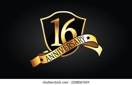16 year anniversary logo with golden shield and ribbon. Dark elegant concept anniversary. 16th Anniversary celebration background. sixteenth anniversary banner vector