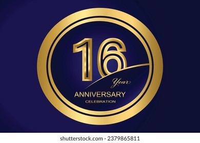 16 Year Anniversary Logo, Golden Color, Vector Template Design element for birthday, invitation, wedding, jubilee and greeting card illustration.