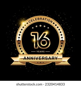 16 year anniversary logo with a number and golden ribbon, vector template