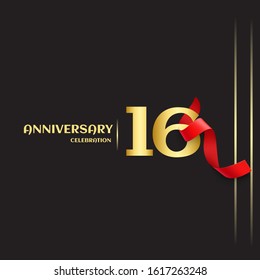 16 year anniversary logo template on black background. golden numbers with red ribbon vector