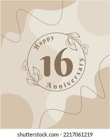 16 year anniversary, minimalist logo. brown vector illustration on Minimalist foliage template design, leaves line art ink drawing with abstract vintage background.