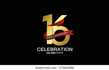 Logotipo de celebración de la cinta roja por 16 años. logotipo de aniversario con texto rojo y color de oro claro de Spark aislado en fondo negro, diseño para celebración, invitación - vector