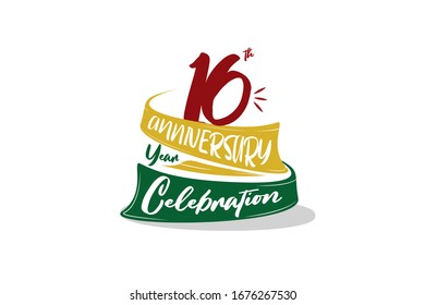 16 year anniversary Red, Yellow, Green Ribbon, minimalist logo, greeting card. Birthday invitation. space vector illustration on yellow background - Vector