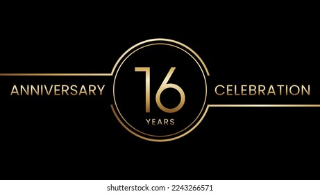 16 year anniversary. Anniversary template design with golden ring. Logo Vector Illustration