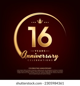 16 year anniversary template design with golden number and ring for birthday celebration event, invitation, banner poster, flyer, and greeting card, vector template