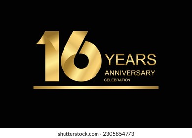 16 year anniversary vector banner template. gold icon isolated on black background.