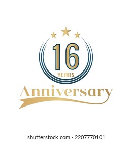 16 Year Anniversary Vector Template Design Illustration. Gold And Blue color design with ribbon