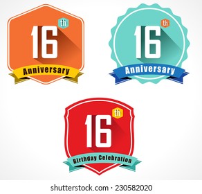 16 year birthday celebration flat color vintage label badge, 16th anniversary decorative emblem - vector illustration eps10