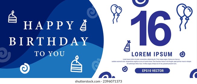 Celebración del 16 años Creative Happy Birthday Text. Diseño de banner decorativo de color azul, ilustración vectorial.