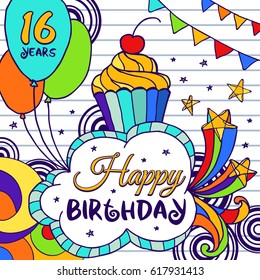 16 year Happy Birthday greeting card with cake, firework ,stars and balloons in bright colors. Vector illustration