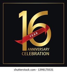 16 year minimalist logo years, jubilee, greeting card. Red and Gold Ribbons on Black Background with Golden Frame for Birthday invitation - Vector  