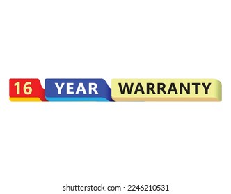 16 Year warranty vector art illustration with yellow blue and red color with fantastic font and white background