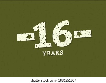 16 years anniversary with badge military, grunge pattern. Army design with star on green camouflage background. Vector perfect for any military labels, posters and armed force etc.