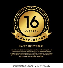 16 years anniversary banner with luxurious golden circles and halftone on a black background and replaceable text speech