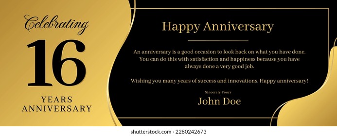 16 years anniversary, a banner speech anniversary template with a gold background combination of black and text that can be replaced