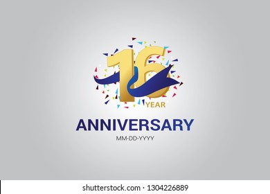 16 years anniversary blue ribbon  with golden and Spark light white color isolated on grey background vector