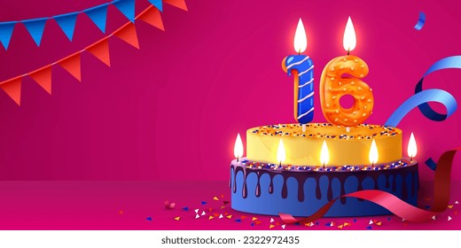 16 years anniversary. Cake with burning candles and confetti. Birthday banner. Vector illustration