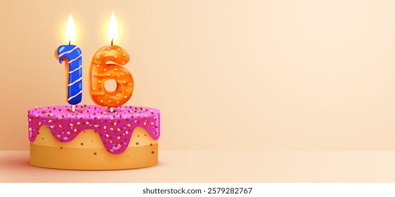 16 years anniversary. Cake with burning candles and confetti. Birthday banner. Vector illustration