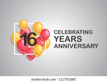 16 years anniversary celebration with balloons inside white square isolated on grey background 