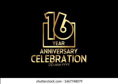 16 years anniversary celebration Block Design logotype. anniversary logo with golden isolated on black background, vector design for celebration, invitation card, and greeting - vector