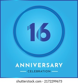 16 years anniversary celebration with circle frame isolated on sky blue background. Creative design for happy birthday, wedding, ceremony, event party, marriage, invitation card and greeting card.
