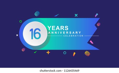 16 years anniversary celebration with colorful design, circle and ribbon isolated on dark background
