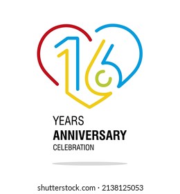 16 years anniversary celebration decoration colorful number bounded by a loving heart modern love line design logo icon white background