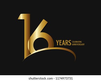 16 years anniversary celebration design. anniversary logo with swoosh and golden color isolated on black background, vector design for greeting card and invitation card.