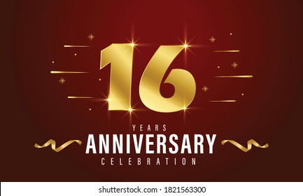 16 years anniversary celebration gold number and golden ribbons with fireworks on dark background. vector illustration