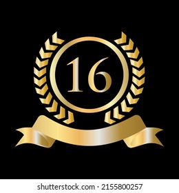 16 Years Anniversary Celebration Gold And Black Template. Luxury Style Gold Heraldic Crest Logo Element Vintage Laurel Vector