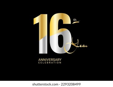 16 Years Anniversary Celebration gold and silver Vector Template, 16 number logo design, 16th Birthday Logo,  logotype Anniversary, Vector Anniversary For Celebration, poster, Invitation Card