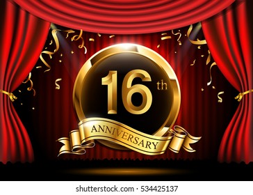 16 years anniversary celebration with gold ribbon. Curtain background and confetti