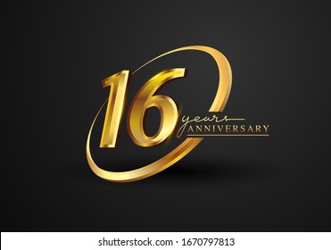 16 Years Anniversary Celebration. Anniversary logo with ring and elegance golden color isolated on black background, vector design for celebration, invitation card, and greeting card