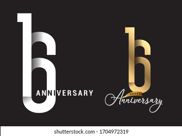 16 years anniversary celebration logo design. Anniversary logo Paper cut letter and elegance golden color isolated on black background, vector design for celebration, invitation card, and greeting