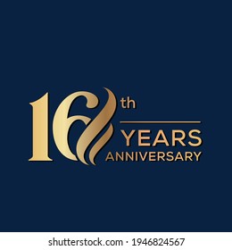 16 Years Anniversary Celebration. Anniversary logo and elegance golden color isolated on black background, vector design