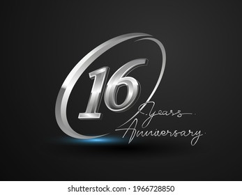 Celebración del 16 años. Logo del aniversario con color plateado de anillo y elegancia aislado en fondo negro, diseño vectorial para celebración, tarjeta de invitación y tarjeta de saludo