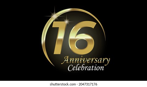 16 years anniversary celebration. Anniversary logo with ring in golden color isolated on black background with golden light, vector design for celebration, invitation card and greeting card