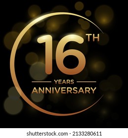 16 years anniversary celebration. Anniversary logo with ring and elegance golden color isolated on black background, vector design for celebration, invitation card, greeting card, and banner