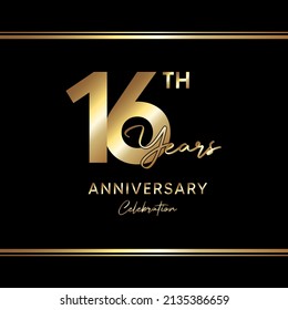 16 years anniversary celebration. Anniversary logo with golden color isolated on black background, vector design for celebration, invitation card, greeting card, and banner