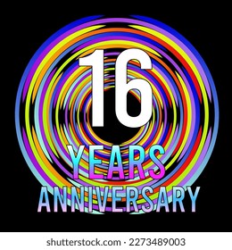 16 years anniversary, for anniversary and anniversary celebration logo, vector design colorful isolated on  black background