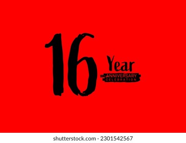 16 Years Anniversary Celebration logo on red background, 16 number logo design, 16th Birthday Logo,  logotype Anniversary, Vector Anniversary For Celebration, poster, Invitation Card