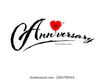 16 Years Anniversary Celebration logo with red heart vector, 16 number logo design, 16th Birthday Logo, happy Anniversary, Vector Anniversary For Celebration, poster, Invitation Card