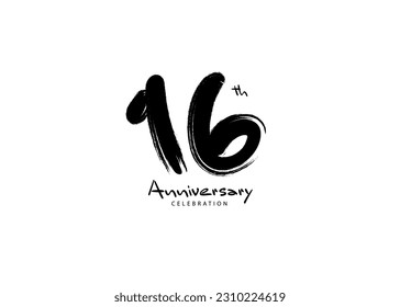 16 Years Anniversary Celebration logo black paintbrush vector, 16 number logo design, 16th Birthday Logo, happy Anniversary, Vector Anniversary For Celebration, poster, Invitation Card