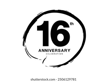 16 Years Anniversary Celebration logo black paintbrush vector, 16 number logo design, 16th Birthday Logo, happy Anniversary, Vector Anniversary For Celebration, poster, Invitation Card, black color