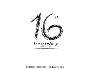 16 Anniversary Celebration logo preto pincel vetor, 16 número logotipo design, 16th Birthday Logo, feliz aniversário, Vetor Anniversary For Celebration, cartaz, Cartão de convite