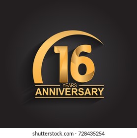 16 years anniversary celebration. Anniversary logo with swoosh and elegance golden color isolated on black background, vector design for celebration, invitation card, and greeting card